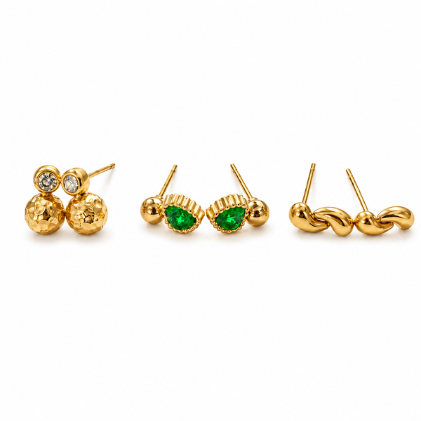 Earrings Gold Cluster Floral, Emerald Marquise & Twisted Knot Stud Earrings Set of 3 Pairs