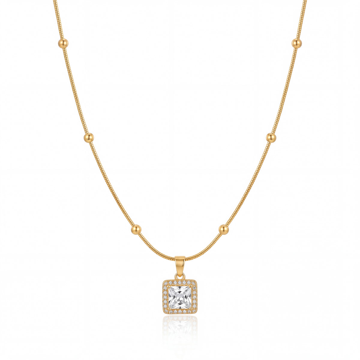 Gold Beaded Chain Rectangular CZ Pendant Anti-Tarnish Necklace