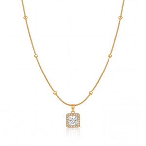 Gold Beaded Chain Rectangular CZ Pendant Anti-Tarnish Necklace