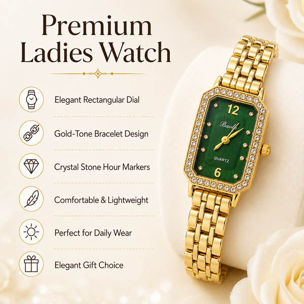 Watches Gold-Tone Rectangular Green Dial Crystal Studded Chain Bracelet Watch for Women - House of Viya