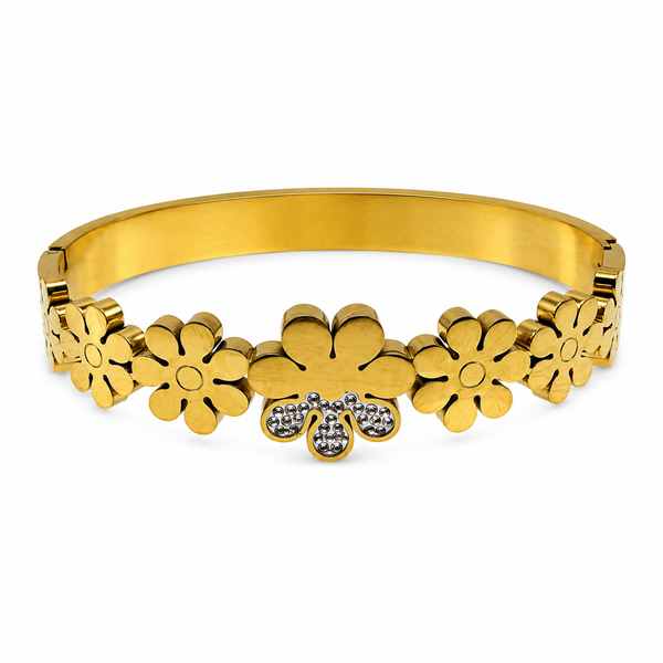 Gold Leaf Engraved Diamond Oval Kada for Women | Botanical Motif Stone Stainless Steel Ladies Bangle | Nature Festive Jewellery - House of Viya