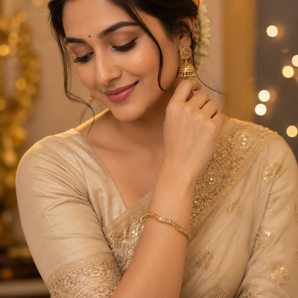 Gold Marquise Diamond Accent Oval Kada for Women | Elongated Stone Stainless Steel Ladies Bangle | Elegant Festive Jewellery - House of Viya