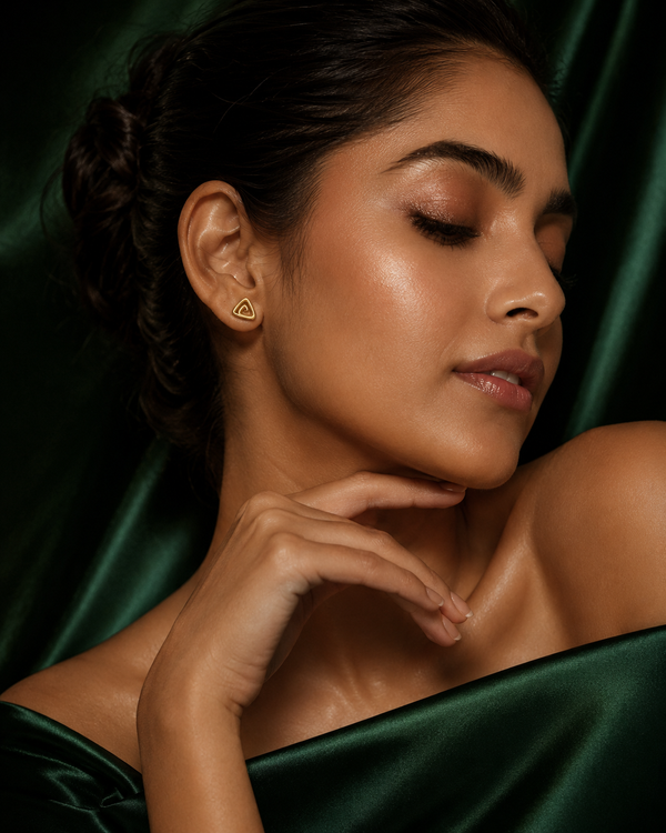 Earrings Gold Triangle, Emerald Heart & Zircon Kite Stud Earrings Set of 3 Pairs