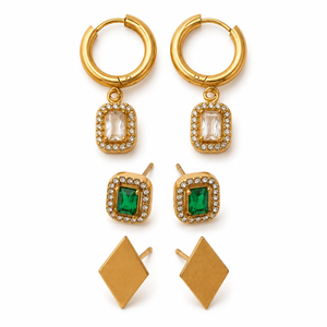 Earrings Rectangle Halo Drop Hoop, Emerald Rectangle Halo & Gold Triangle Stud Earrings Set of 3 Pairs