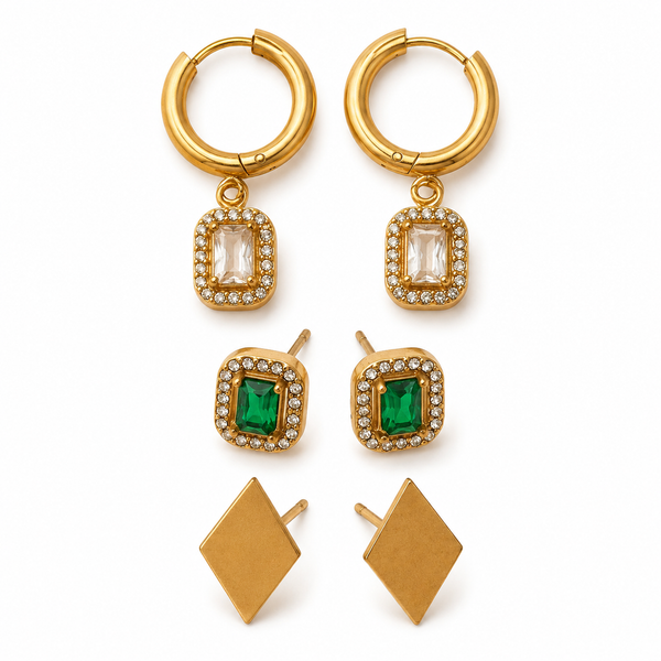 Earrings Rectangle Halo Drop Hoop, Emerald Rectangle Halo & Gold Triangle Stud Earrings Set of 3 Pairs