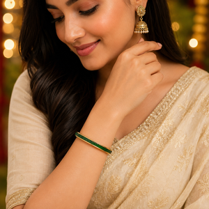 Gold Wavy Green Stone Oval Kada for Women | Twisted Diamond Cut Stainless Steel Ladies Bangle | Festive Party Wear Jewellery