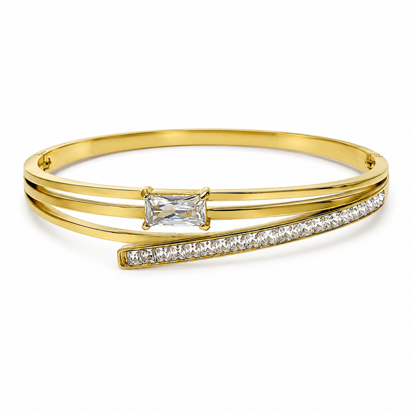 Gold Leaf Motif Diamond Oval Kada for Women | Botanical Stone Stainless Steel Ladies Bangle | Nature Inspired Jewellery - House of Viya