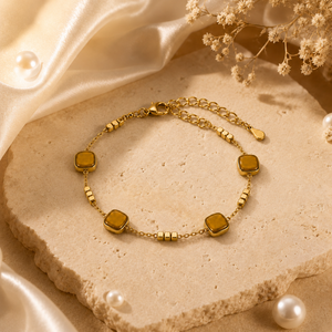 Gold Plated Square Cube Bead Station Delicate Chain Bracelet with Lobster Clasp