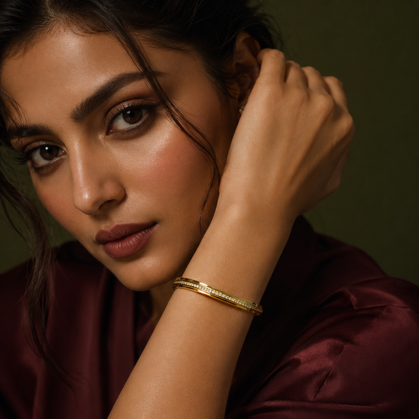 Kadas Gold-Tone Crystal-Studded Polished Finish Broad Kada for Women - House of Viya
