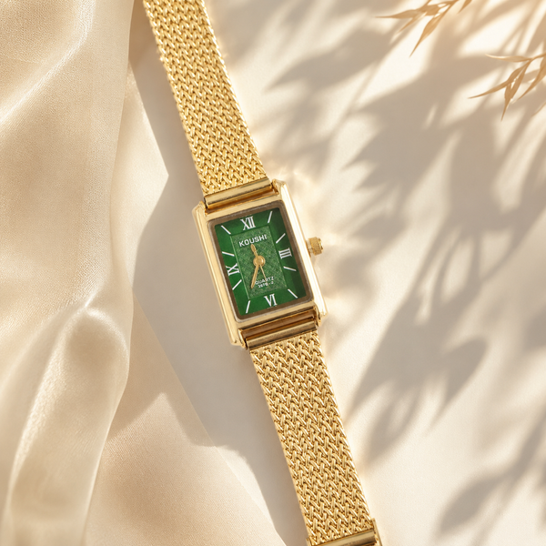 Watches Gold-Tone Rectangular Green Dial Roman Numeral Mesh Bracelet Watch for Women