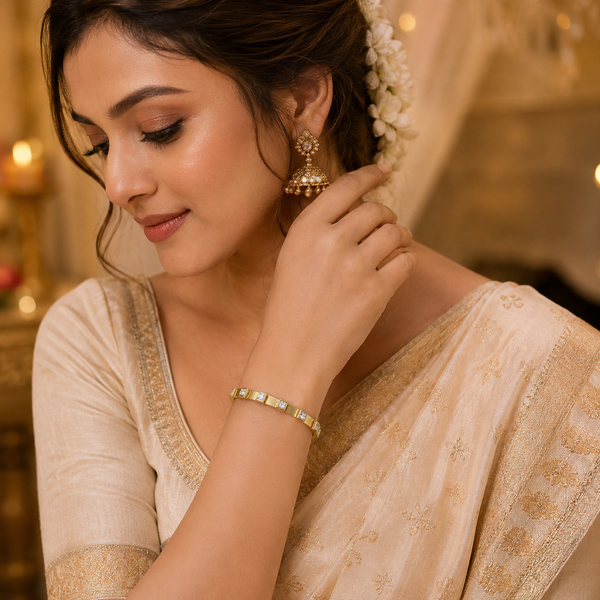 Gold Evenly Spaced Square Solitaire Diamond Oval Kada for Women | Channel Set Single Stone Stainless Steel Ladies Bangle | Premium Festive Jewellery - House of Viya