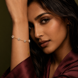 Gold Plated Pearl Cluster Floral Flower Station Delicate Chain Bracelet with Lobster Clasp