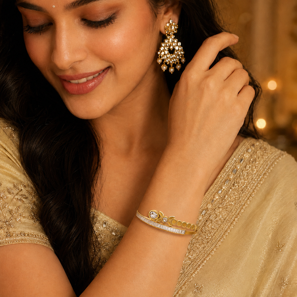 Gold Flush Set Diamond Grain Oval Kada for Women | Smooth Surface Stone Stainless Steel Ladies Bangle | Sleek Design Jewellery - House of Viya