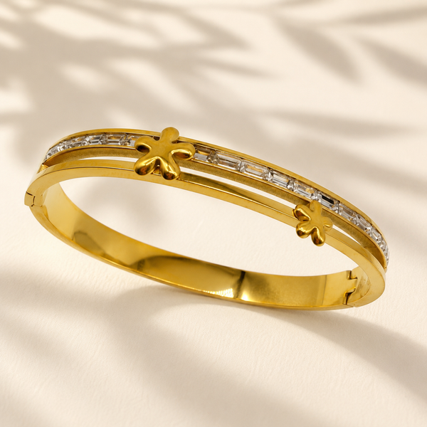 Gold Cushion Diamond Bezel Oval Kada for Women | Square Halo Stone Stainless Steel Ladies Bangle | Refined Festive Jewellery - House of Viya