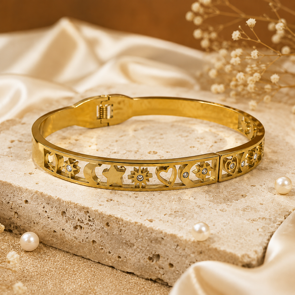 Kadas Gold-Tone Engraved Geometric Pattern Broad Kada for Women - House of Viya