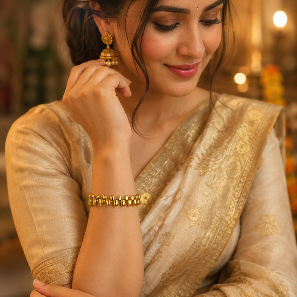 Gold Chunky Oval Egg Bead All Around Kada for Women | Large Ball Motif Stainless Steel Ladies Bangle | Bold Festive Wrist Jewellery - House of Viya