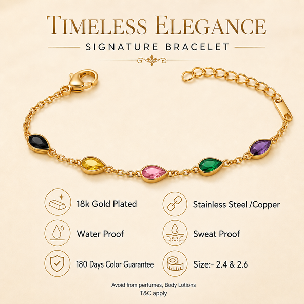 Gold Plated Multicolor Teardrop Stone Bezel Station Chain Bracelet with Lobster Clasp - House of Viya