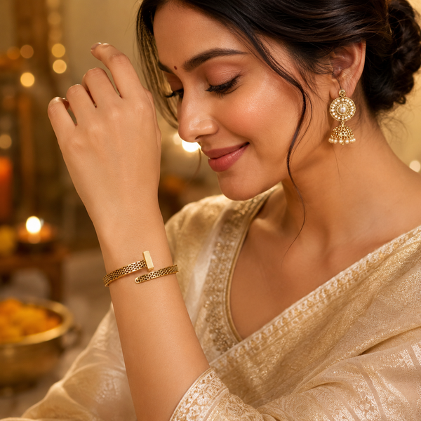 Gold Honeycomb Diamond Oval Kada for Women | Hexagonal Stone Pattern Stainless Steel Ladies Bangle | Geometric Luxury Jewellery - House of Viya