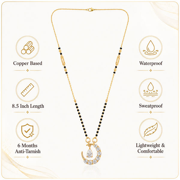 KZ Gold Plated Moon Crescent CZ Mangalsutra for Women Black Bead Chain Celestial Pendant FS - House of Viya