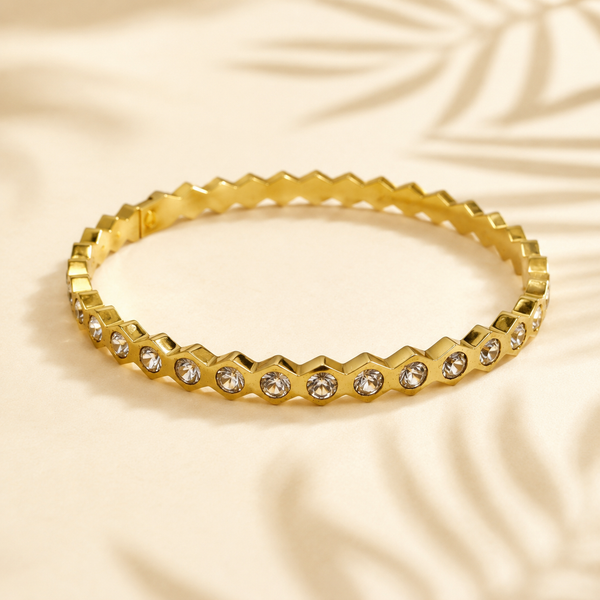 Gold Flush Set Diamond Band Oval Kada for Women | Grain Set Stone Stainless Steel Ladies Bangle | Refined Festive Jewellery - House of Viya
