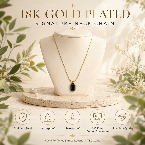 Chain 18K Gold-Plated Slim Chain with Black Rectangular Pendant - House of Viya