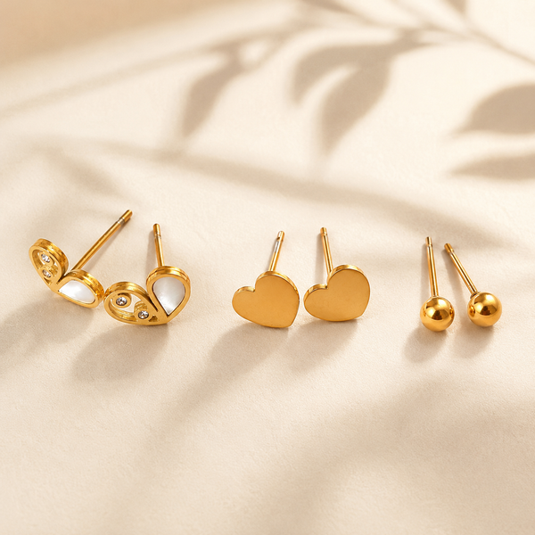 Earrings White Enamel Petal, Coral Heart & Gold Ball Stud Earrings Set of 3 Pairs