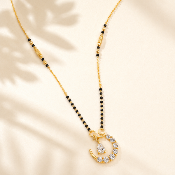 KZ Gold Plated Moon Crescent CZ Mangalsutra for Women Black Bead Chain Celestial Pendant FS - House of Viya