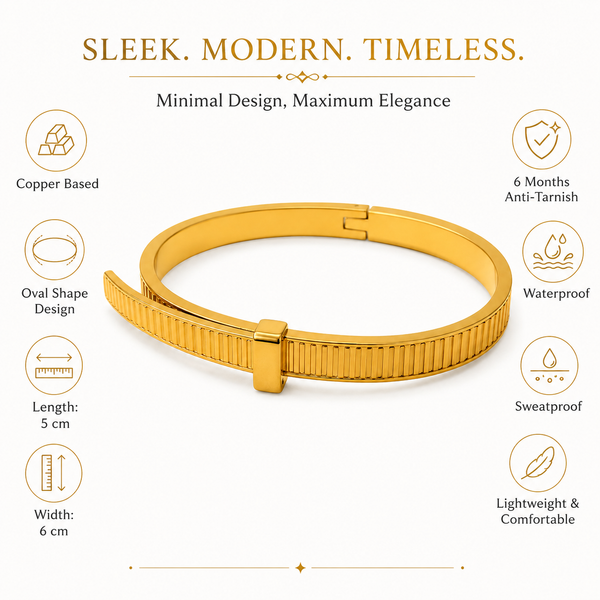Gold Slim Bar Set Diamond Oval Kada for Women | Horizontal Bar Stone Quick Stainless Steel Ladies Bangle | Contemporary Festive Jewellery - House of Viya