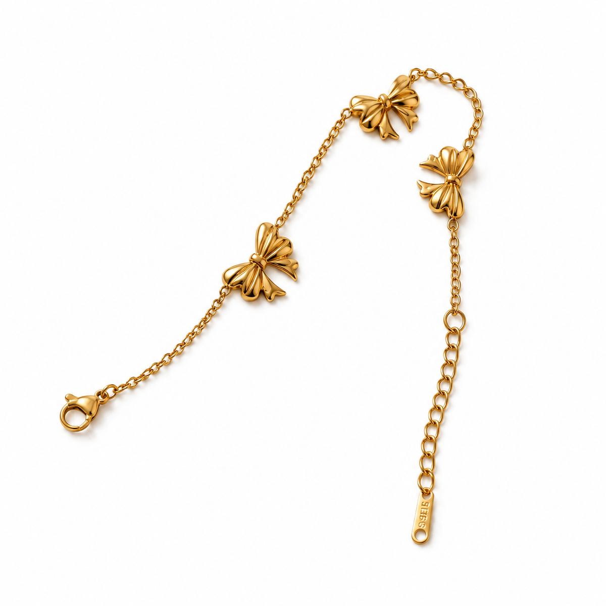 Gold Plated Bow Ribbon Charm Station Delicate Chain Bracelet with Lobster Clasp