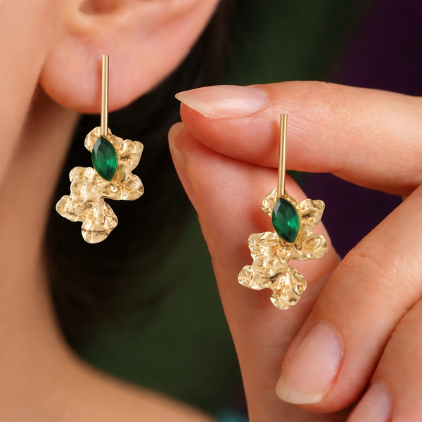 Woman wearing Anti-Tarnish Gold Plated Abstract Floral Crystal Green Earrings - House of Viya