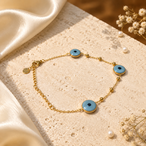 Gold Plated Blue Evil Eye Charm Beaded Station Delicate Chain Bracelet with Lobster Clasp