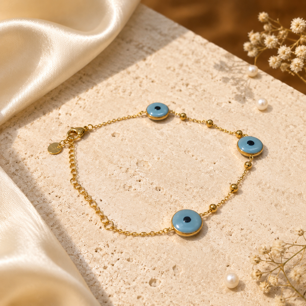 Gold Plated Blue Evil Eye Charm Beaded Station Delicate Chain Bracelet with Lobster Clasp