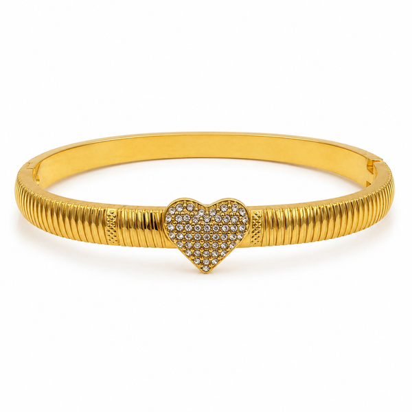 Gold Ribbed Grooved Band Single Heart Diamond Kada for Women | Striated Center Stone Stainless Steel Ladies Bangle | Elegant Festive Jewellery - House of Viya