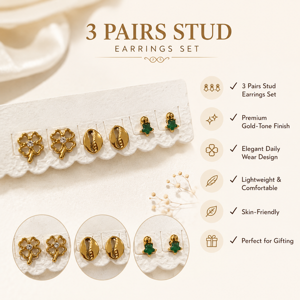 Earrings Gold-Tone Floral, Leaf & Clover Stud Earrings Set of 3 Pairs