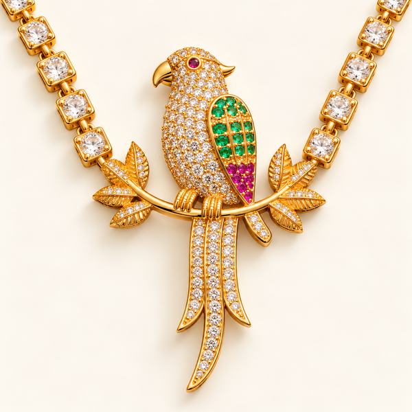 Close-up of parrot pendant with CZ, green and pink stones on leaf branch