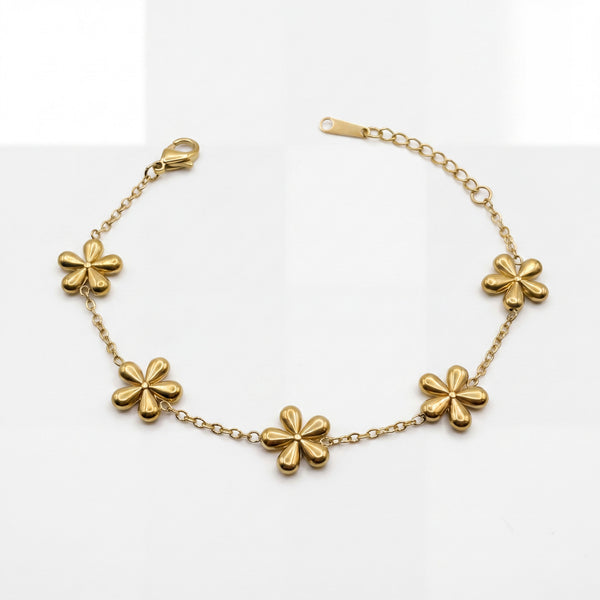 Gold Plated Delicate Chain Bracelet with Multiple Gold Floral Quatrefoil Charm Stations and Lobster Clasp