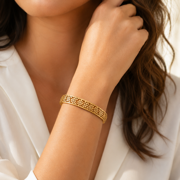 Kadas Gold-Tone Floral Cutwork Design Kada Bangle for Women - House of Viya