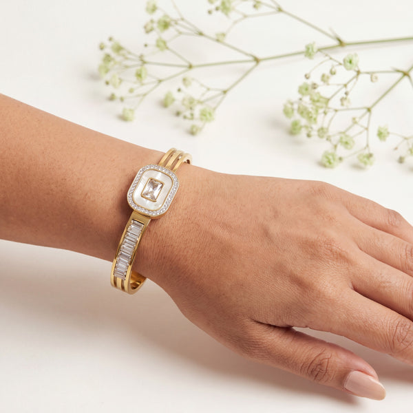 Emerald Cut CZ Halo Watch Style Baby Kada Bangle | Gold Plated Rectangular Plaque Bracelet for Women - House of Viya
