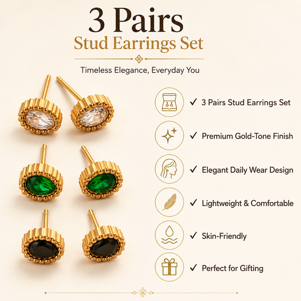 Earrings Crystal, Emerald & Black Onyx Oval Antique Stud Earrings Set of 3 Pairs