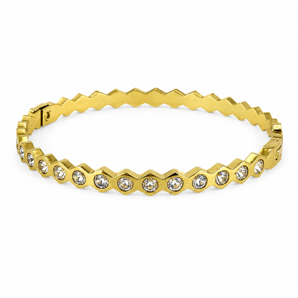Gold Flush Set Diamond Band Oval Kada for Women | Grain Set Stone Stainless Steel Ladies Bangle | Refined Festive Jewellery - House of Viya