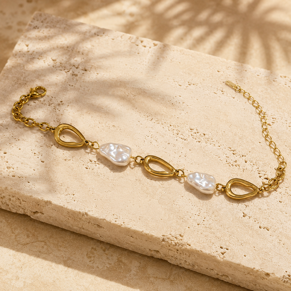 Gold Plated Adjustable Chain Bracelet with Alternating Open Oval Rings and Baroque White Pearl Drops - House of Viya