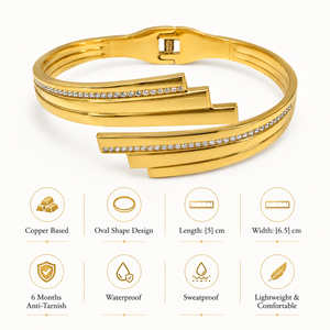 Gold Scallop Edge Diamond Oval Kada for Women | Wave Border Stone Stainless Steel Ladies Bangle | Fancy Design Jewellery