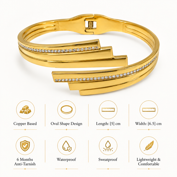 Gold Scallop Edge Diamond Oval Kada for Women | Wave Border Stone Stainless Steel Ladies Bangle | Fancy Design Jewellery - House of Viya