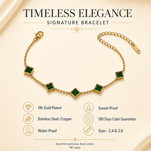 Gold Plated Green Diamond Shaped Rhombus Stone Station Chain Bracelet with Lobster Clasp