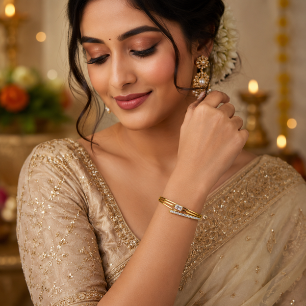 Gold Leaf Motif Diamond Oval Kada for Women | Botanical Stone Stainless Steel Ladies Bangle | Nature Inspired Jewellery - House of Viya