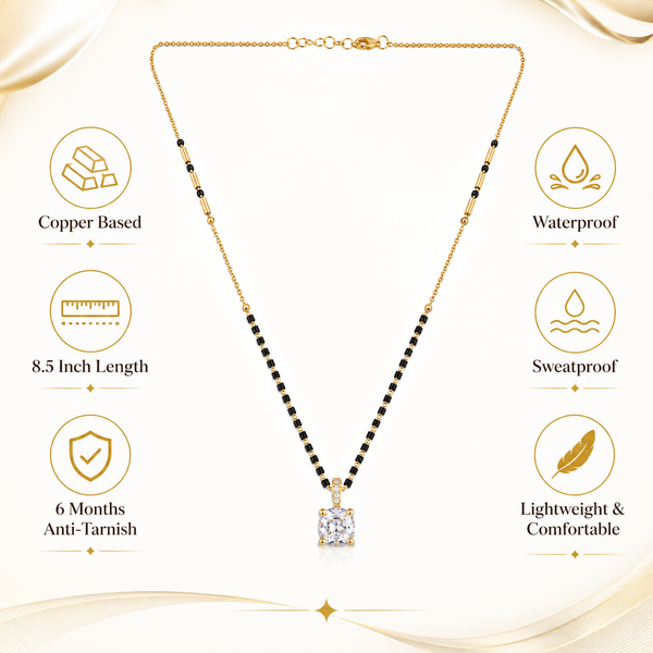 KZ Gold Plated Princess Cut Square CZ Solitaire Mangalsutra for Women Black Bead Chain Pendant FS - House of Viya