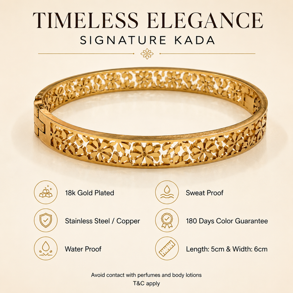 Kadas Gold-Tone Floral Engraved Wide Band Kada Bangle for Women - House of Viya