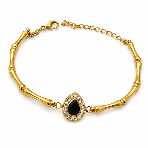 Gold Plated Bamboo Bar Link Bracelet with Oval Black Stone Halo Centrepiece and Lobster Clasp - House of Viya