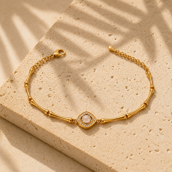 Gold Plated Bamboo Bar Link Bracelet with Rhombus White Stone Halo Centrepiece and Lobster Clasp - House of Viya