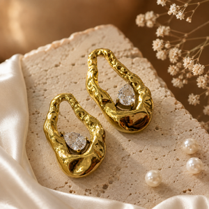 Earrings Gold-Tone Rippled Textured Clear Stone Stud Earrings - House of Viya